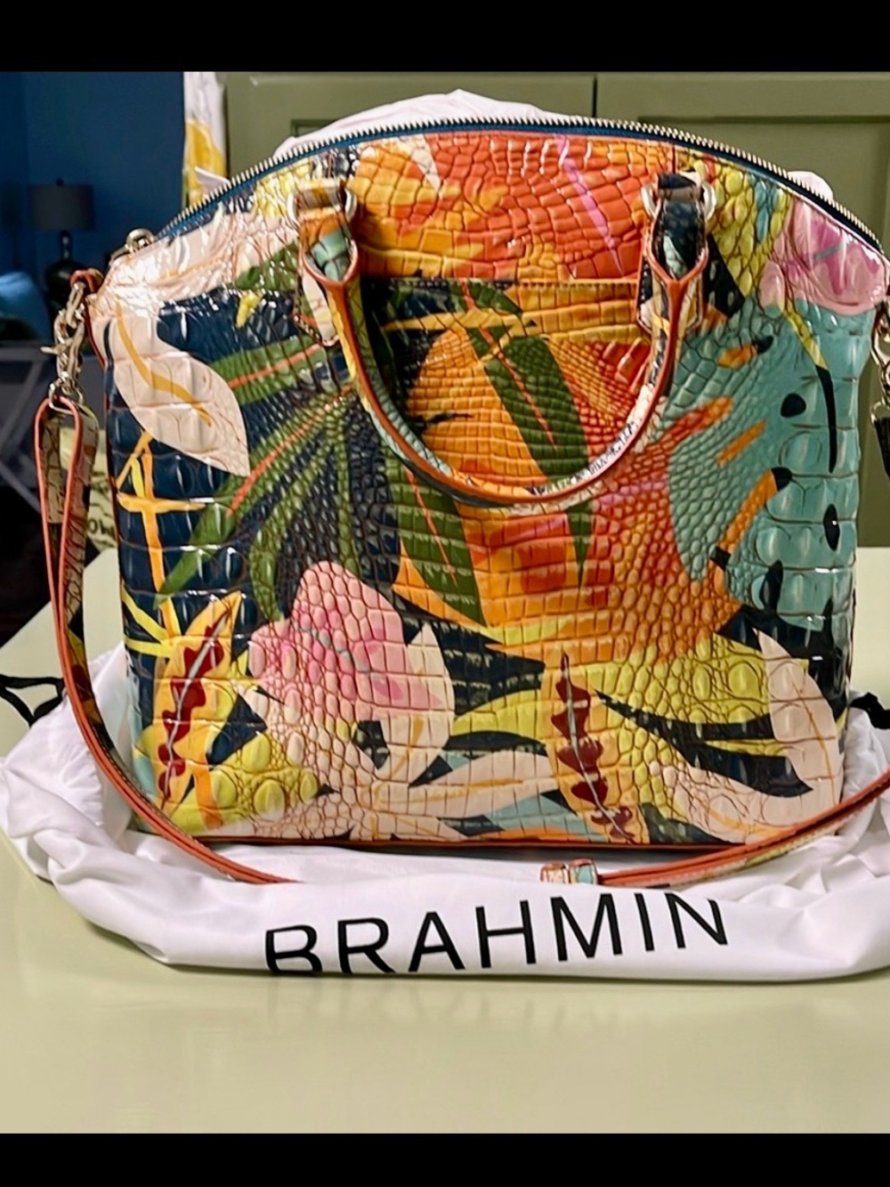 NWOT~Brahmin Multicolor Tropical Croc-Embossed Satchel